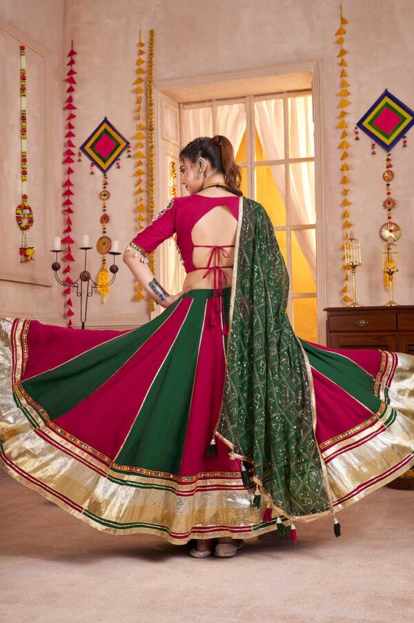 Maroon & Green Viscose Cotton Lehenga Choli with Lampi Border & Kutchi Mirror Work Dupatta