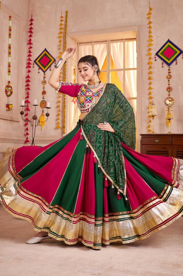 Maroon & Green Viscose Cotton Lehenga Choli with Lampi Border & Kutchi Mirror Work Dupatta