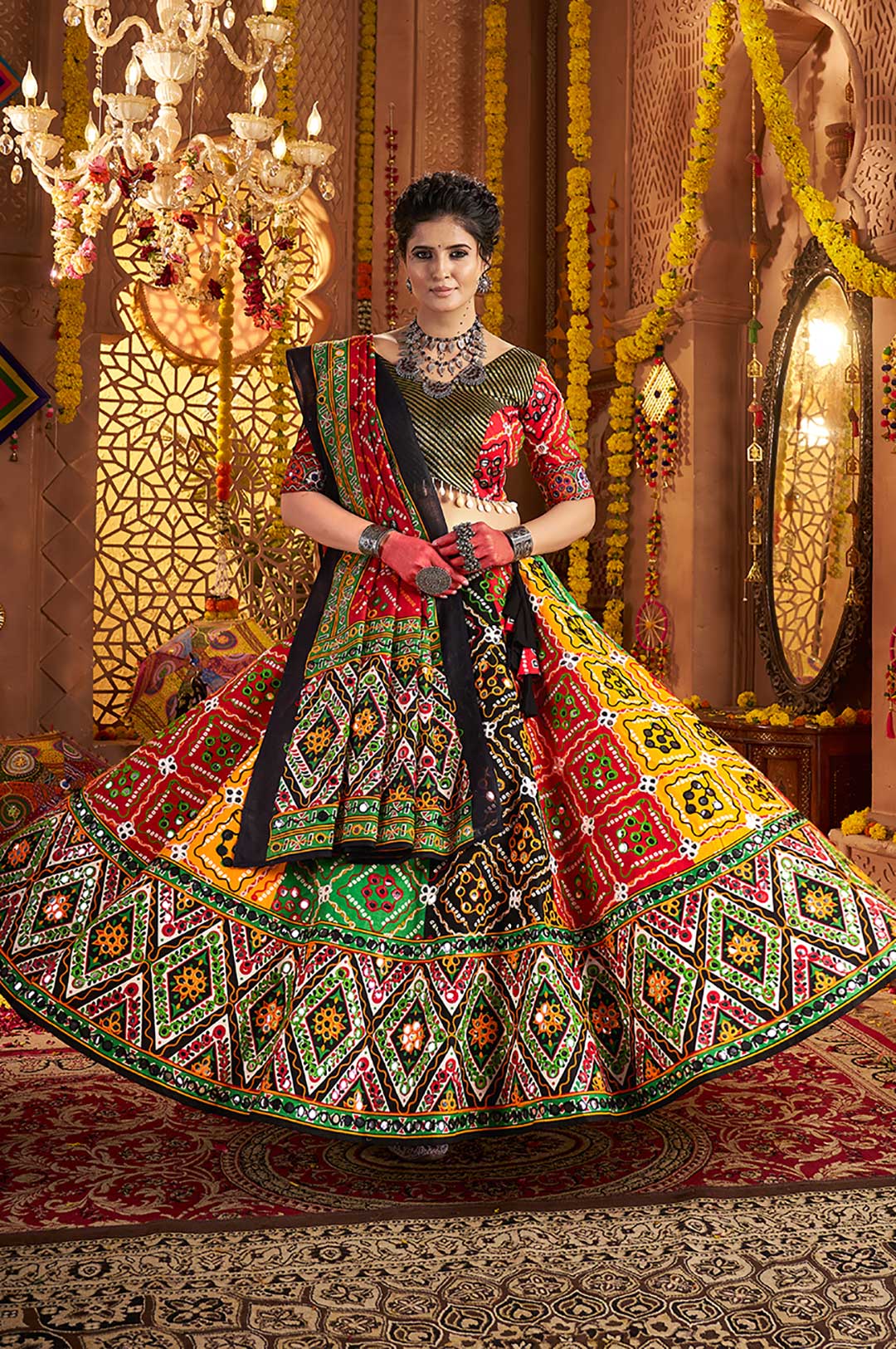 Maroon Multicolor Organic Cotton Navratri Lehenga Choli with Aari & Foil Work