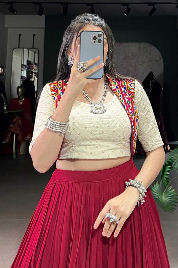Maroon Pure Rayon Lehenga with Khadi Cotton Gamthi Work Blouse