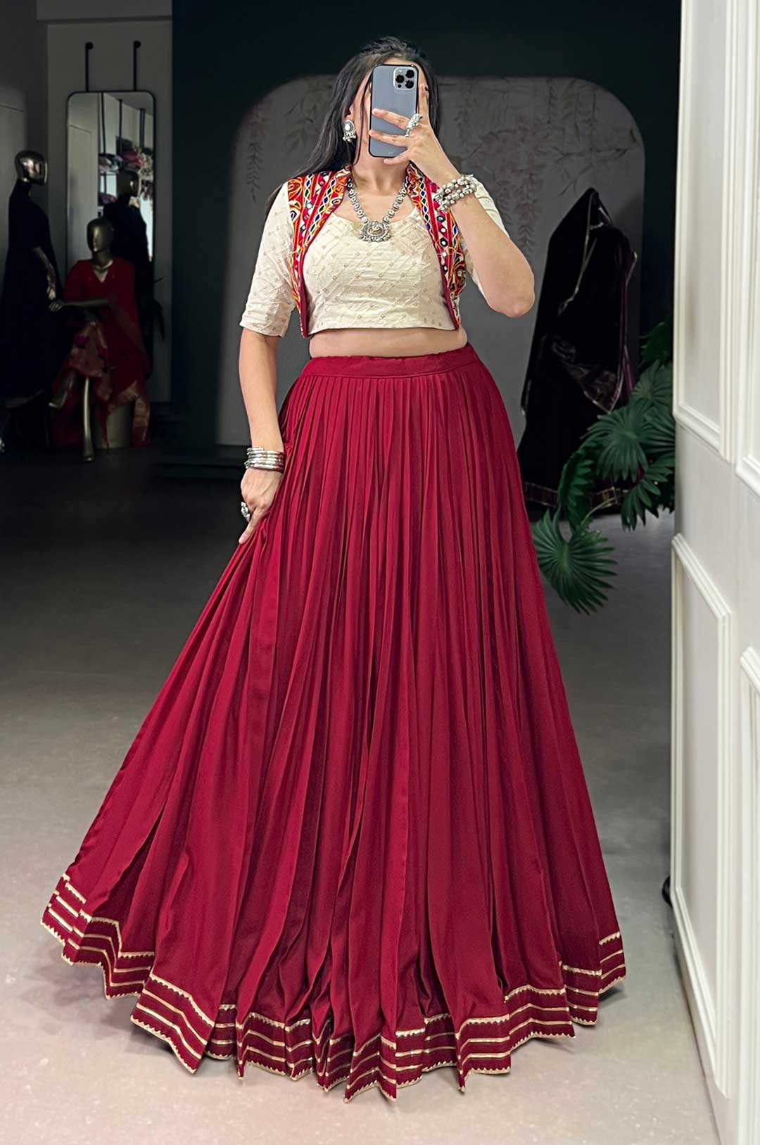 Maroon Pure Rayon Lehenga with Khadi Cotton Gamthi Work Blouse