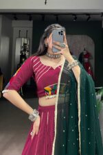 Maroon-Rayon-Mirror-Work-Lehenga-With-Dark-Green-Georgette-Dupatta