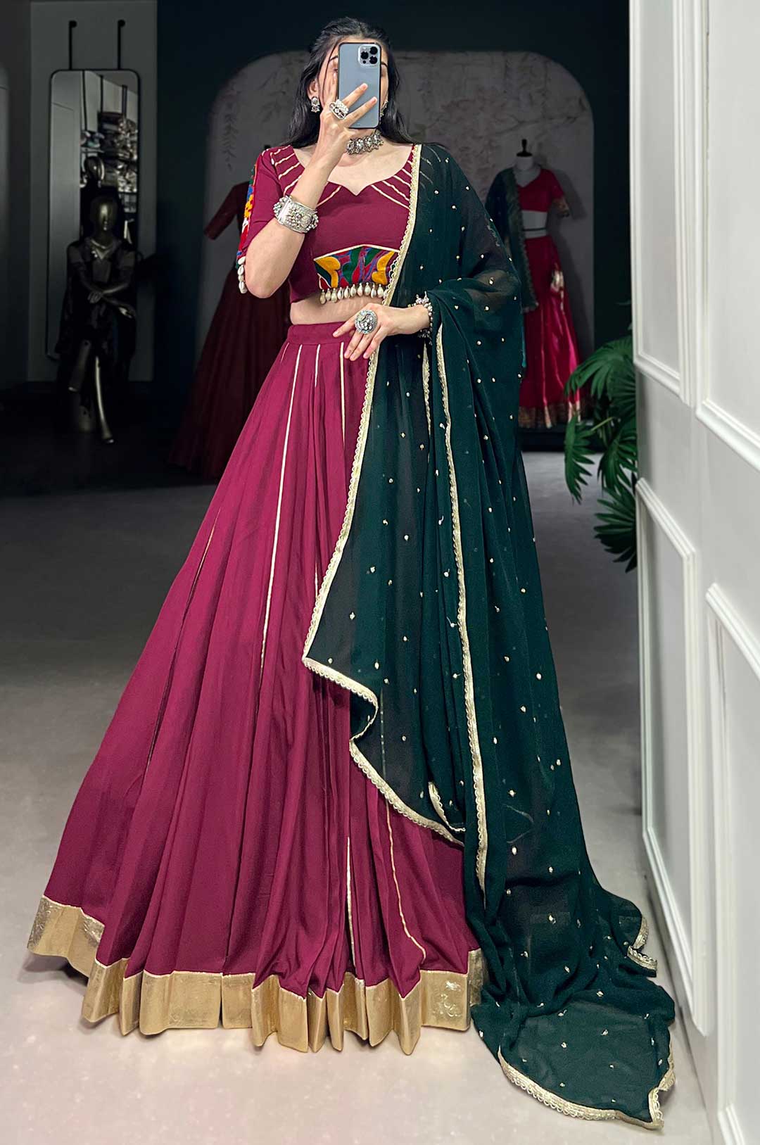 Maroon Rayon Mirror Work Lehenga With Dark Green Georgette Dupatta