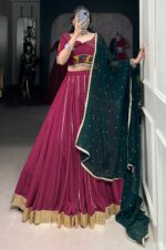 Maroon-Rayon-Mirror-Work-Lehenga-With-Dark-Green-Georgette-Dupatta-4