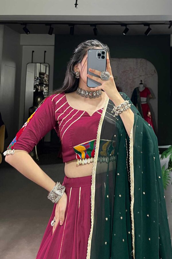 Maroon Rayon Mirror Work Lehenga With Dark Green Georgette Dupatta
