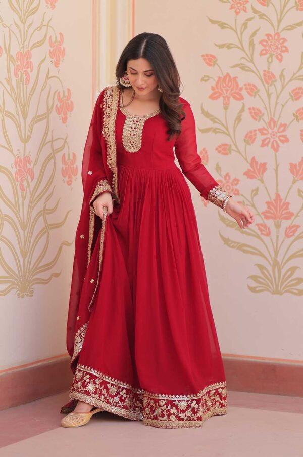 Maroon Zari & Sequin Embroidered Gown with Dupatta – Faux Blooming Georgette