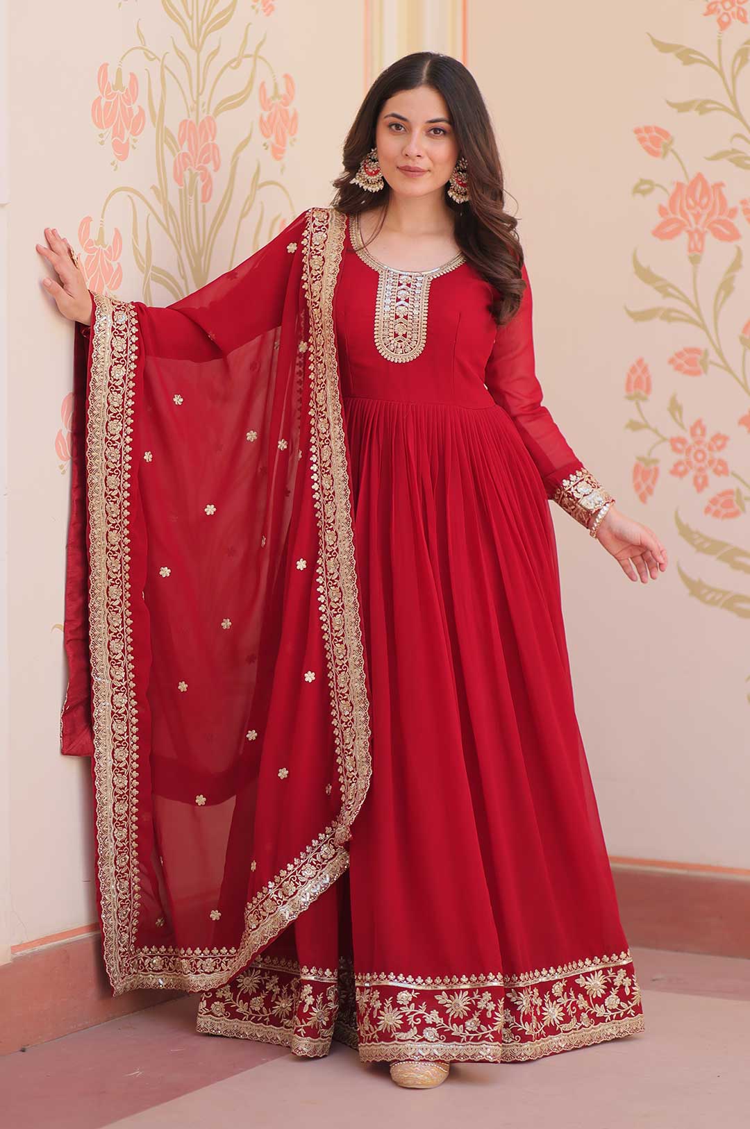 Maroon Zari & Sequin Embroidered Gown with Dupatta – Faux Blooming Georgette