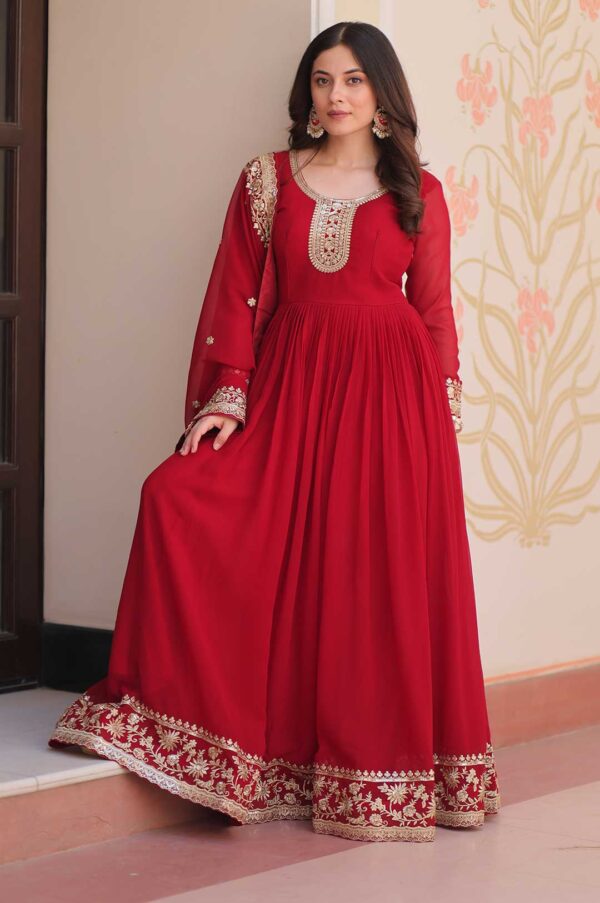 Maroon Zari & Sequin Embroidered Gown with Dupatta – Faux Blooming Georgette