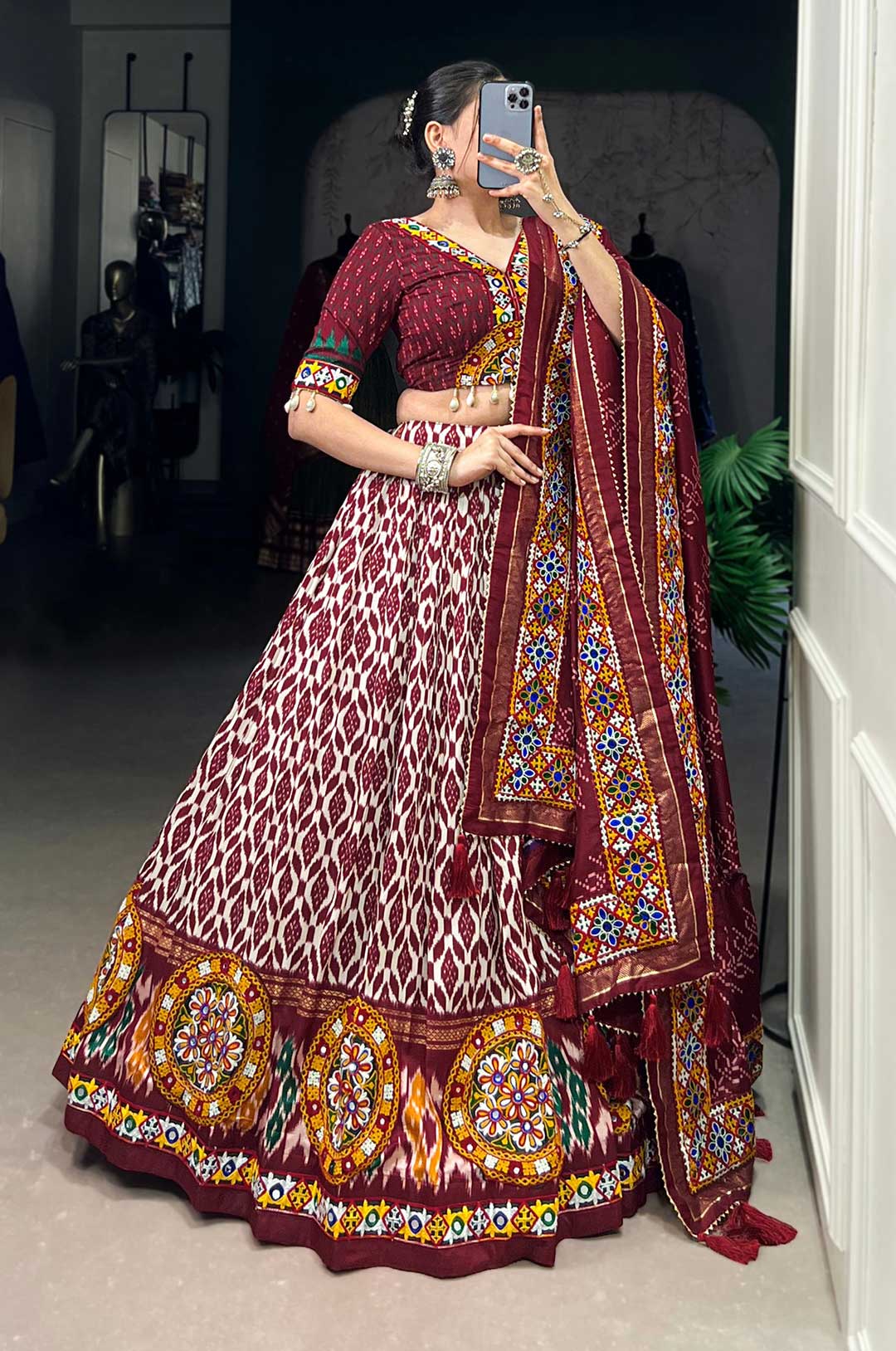 Maroon and Off-white Patola Print Lehenga Choli
