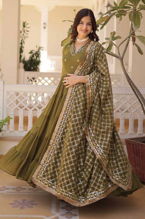 Mendi Designer Faux Georgette Gown Set | Majestic Flair & Rich Embroidery