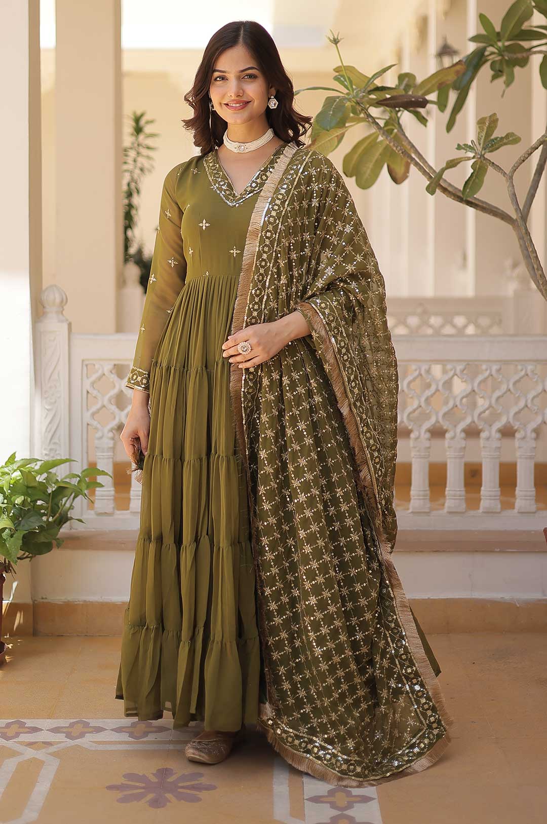 Mendi Designer Faux Georgette Gown Set | Majestic Flair & Rich Embroidery