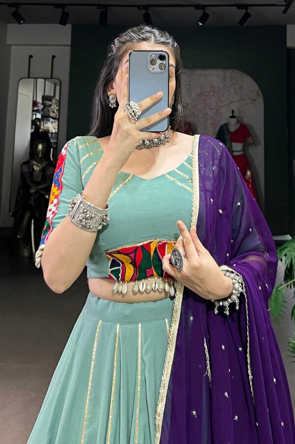 Mint Green Rayon Mirror Work Lehenga With Purple Georgette Dupatta