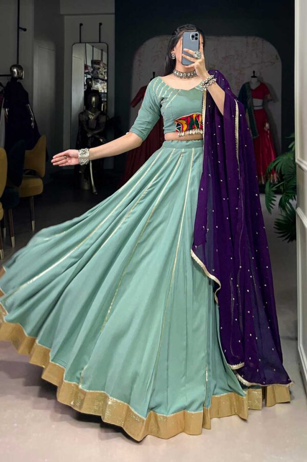 Mint Green Rayon Mirror Work Lehenga With Purple Georgette Dupatta