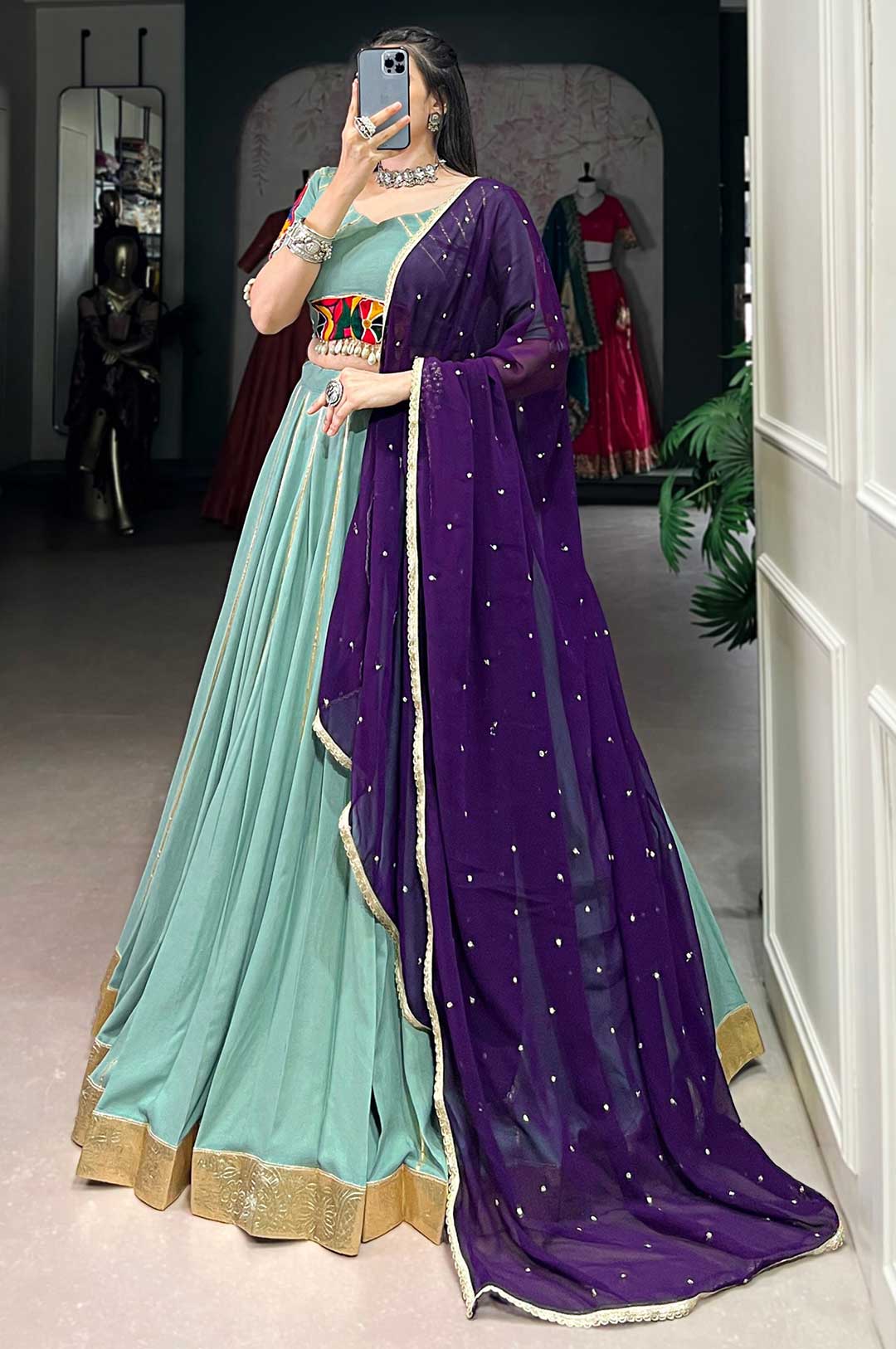 Mint Green Rayon Mirror Work Lehenga With Purple Georgette Dupatta