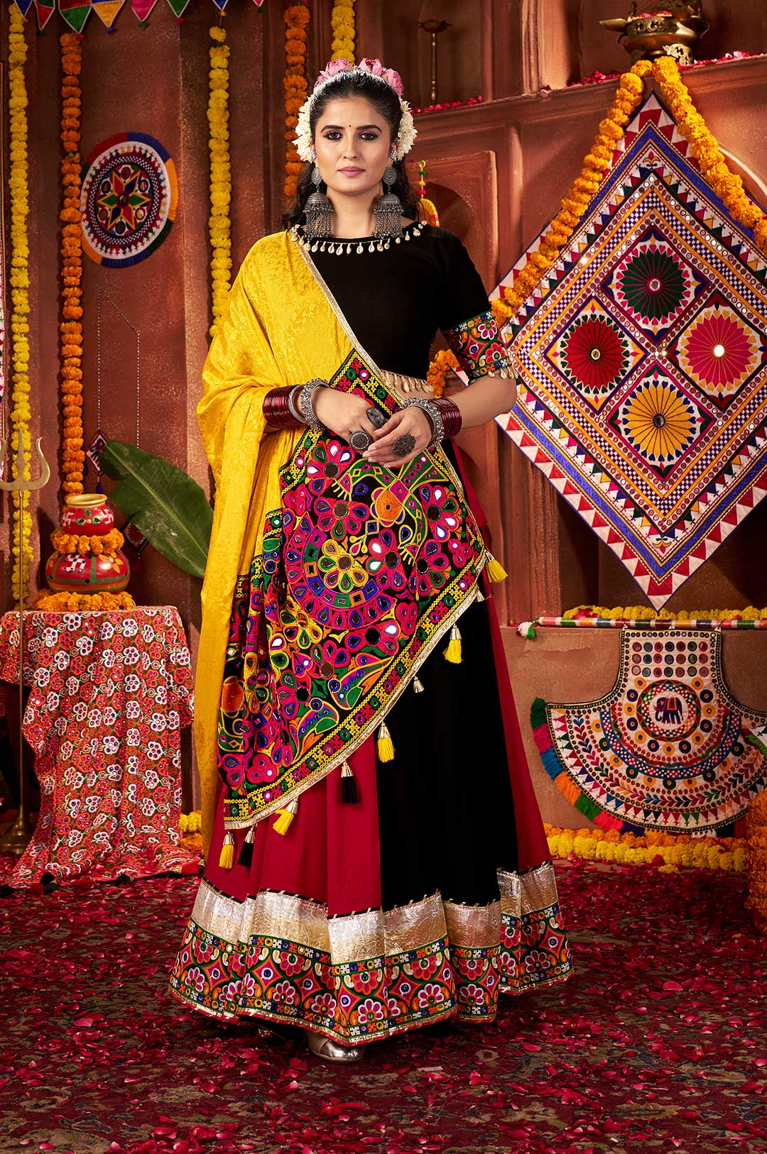 Multi Color Black Yellow Viscose Cotton Silk Kutchi Work Lehenga Choli