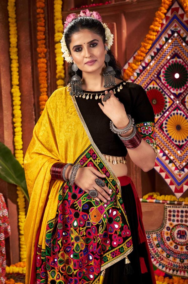 Multi Color Black Yellow Viscose Cotton Silk Kutchi Work Lehenga Choli