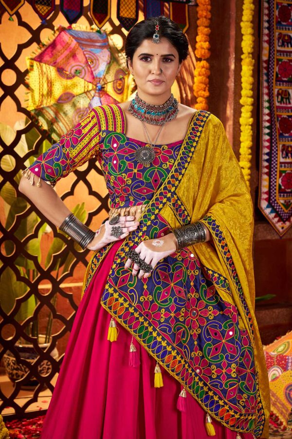 Multi-Color Blue & Yellow Viscose Cotton Silk Jacquard Lehenga Choli with Embroidered Dupatta