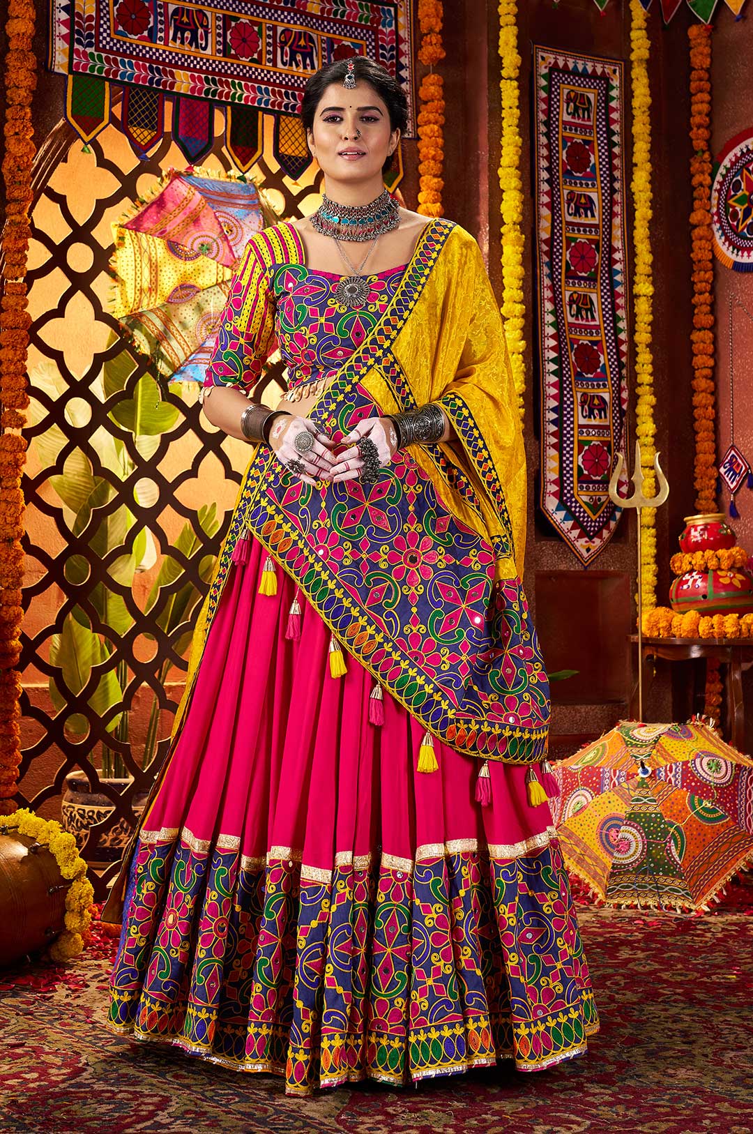 Multi-Color Blue & Yellow Viscose Cotton Silk Jacquard Lehenga Choli with Embroidered Dupatta