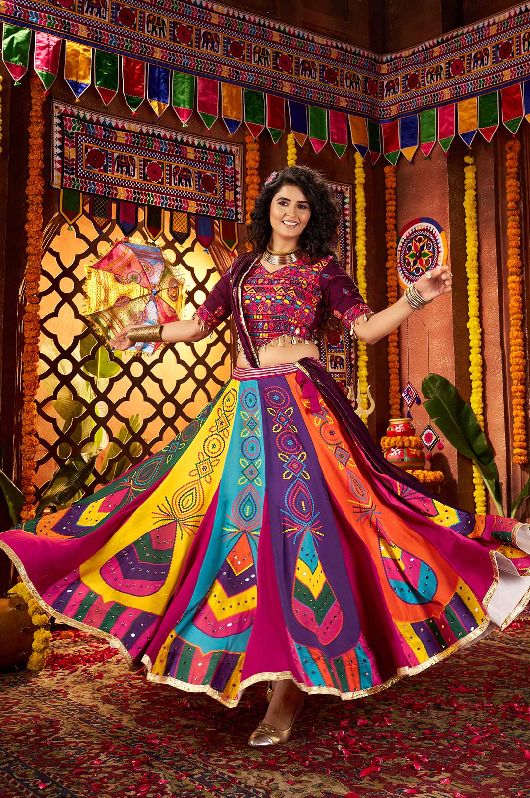 Multi-Color & Purple Gajji Silk Lehenga Choli with Mirror & Multi-Thread Embroidery