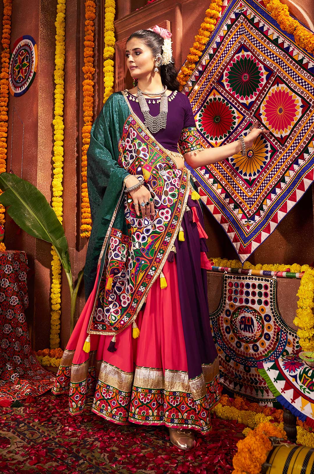Multi-Color Purple Green Viscose Cotton & Silk Kutchi Work Lehenga Choli