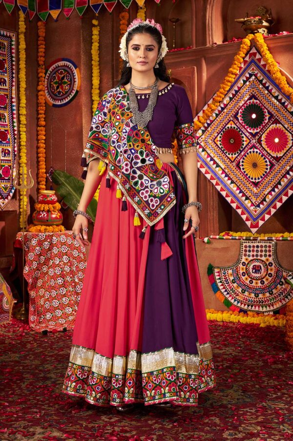 Multi-Color Purple Green Viscose Cotton & Silk Kutchi Work Lehenga Choli