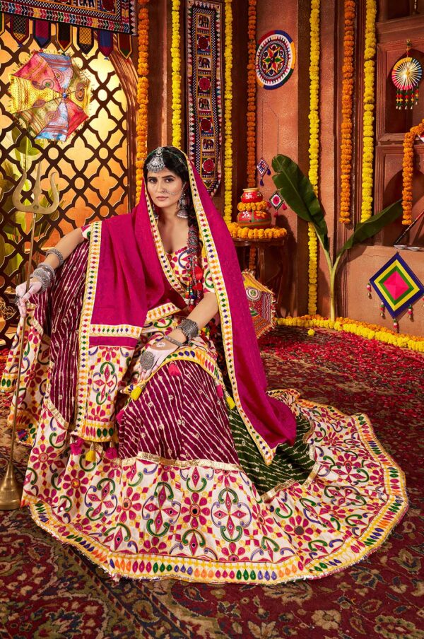 Multi-Color White & Pink Viscose Cotton Silk Jacquard Lehenga Choli with Embroidered Mirror Work Dupatta