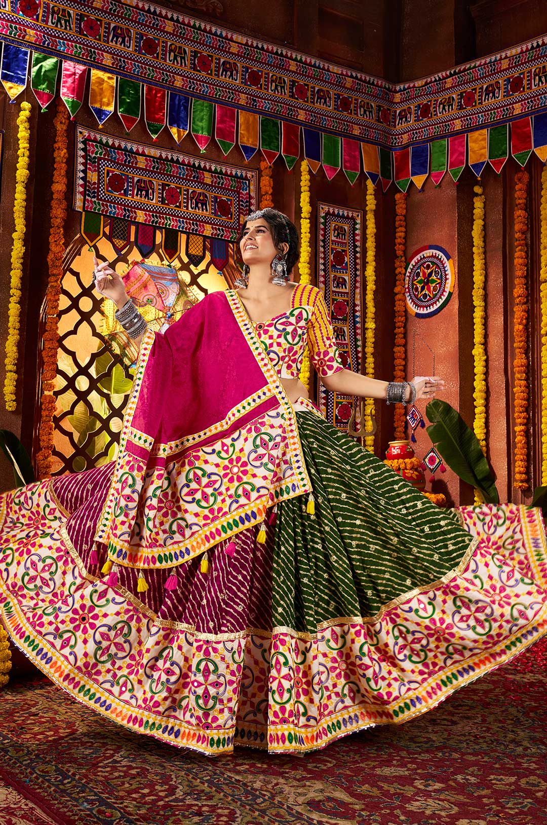 Multi-Color White & Pink Viscose Cotton Silk Jacquard Lehenga Choli with Embroidered Mirror Work Dupatta