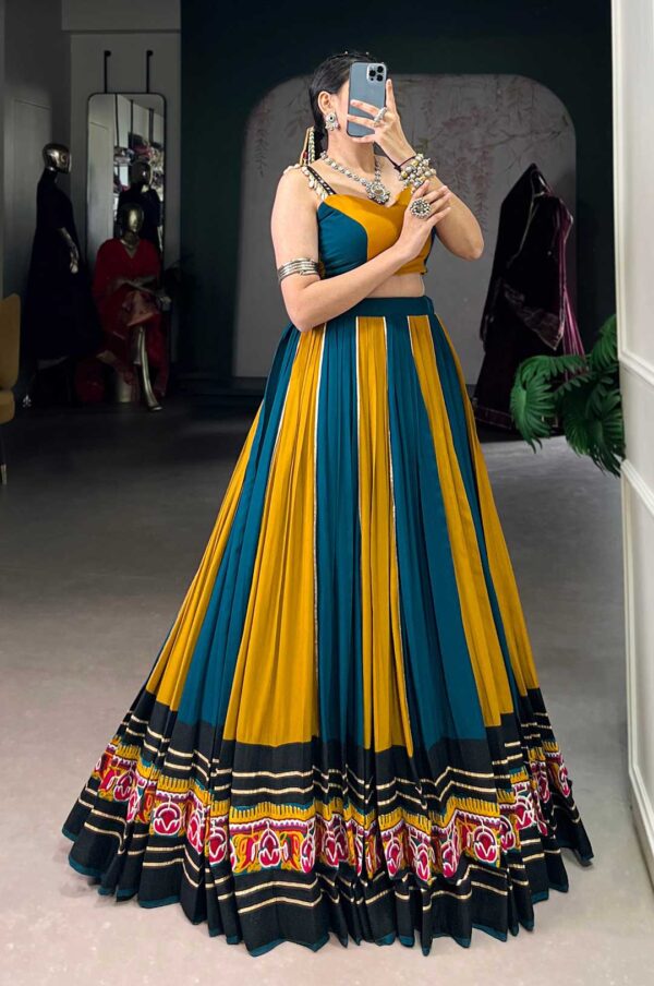 Mustard Yellow And Teal Lehenga Choli With A Printed Border