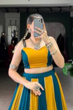 Mustard-Yellow-And-Teal-Lehenga-Choli-With-A-Printed-Border3
