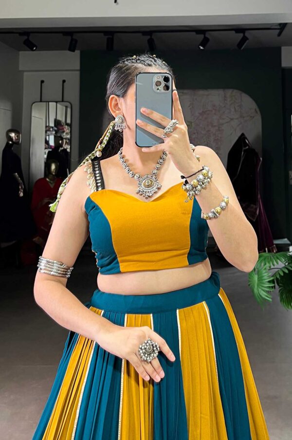 Mustard Yellow And Teal Lehenga Choli With A Printed Border