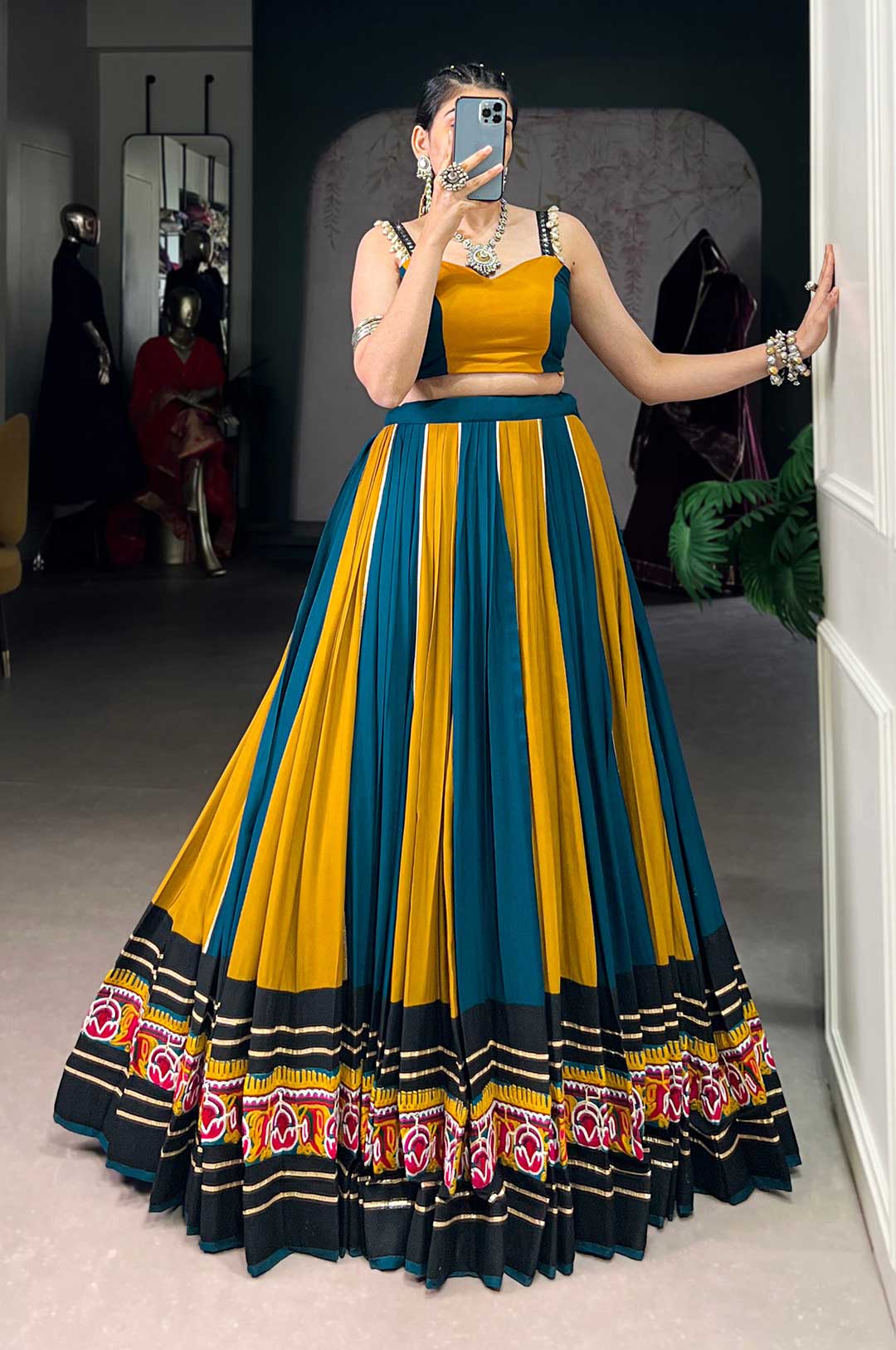 Mustard Yellow And Teal Lehenga Choli With A Printed Border