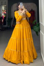 Mustard-Yellow-Pure-Rayon-Navratri-Lehenga-Set-with-Gamthi-Work-Blouse-&amp;-Koti--2