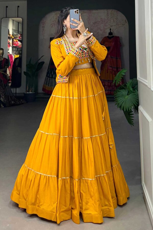Mustard Yellow Pure Rayon Navratri Lehenga Set with Gamthi Work Blouse & Koti