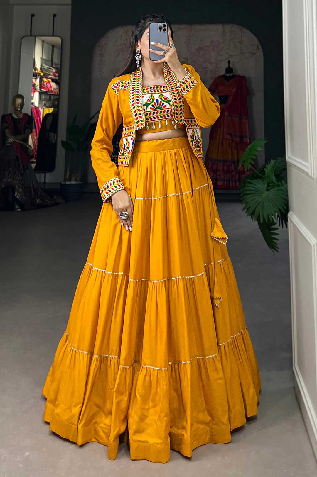 Mustard Yellow Pure Rayon Navratri Lehenga Set with Gamthi Work Blouse & Koti