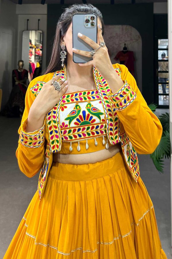 Mustard Yellow Pure Rayon Navratri Lehenga Set with Gamthi Work Blouse & Koti