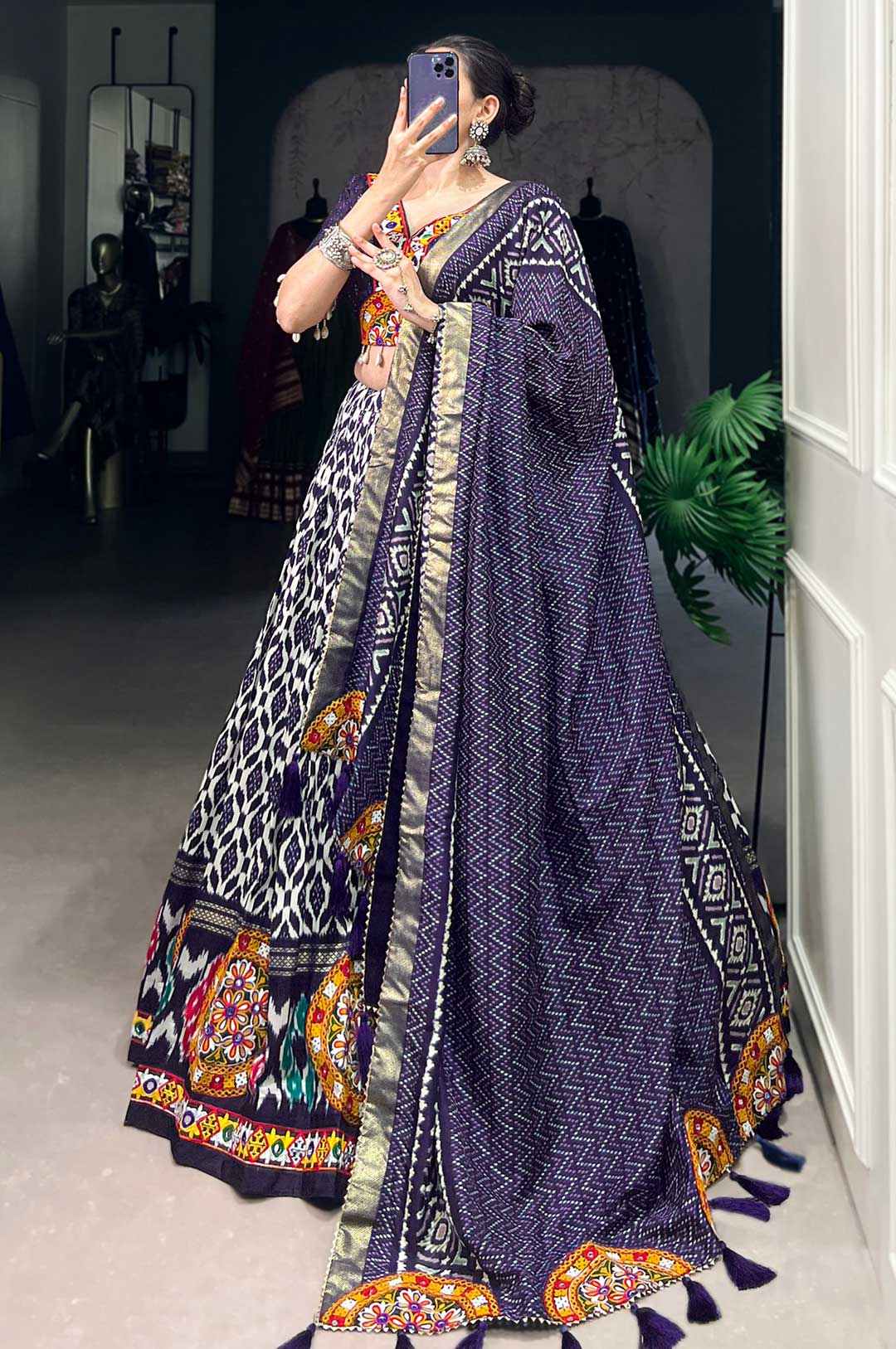 Navy Blue & White Patterned Lehenga Choli