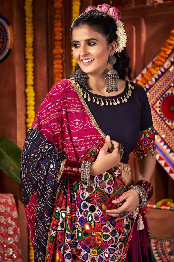 Navy & Multi-Color Viscose Cotton Kutchi Mirror Work Lehenga Choli