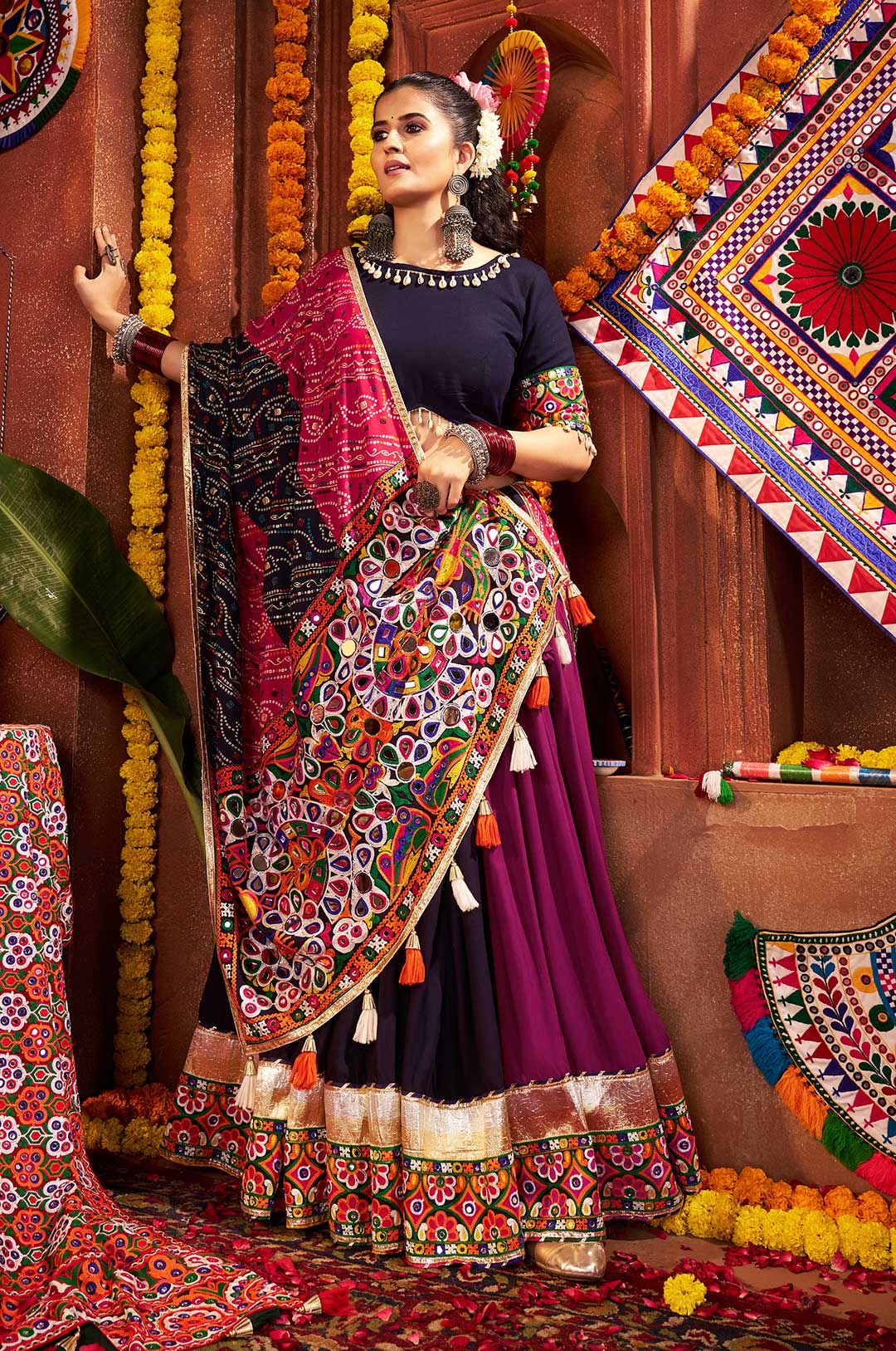 Navy & Multi-Color Viscose Cotton Kutchi Mirror Work Lehenga Choli