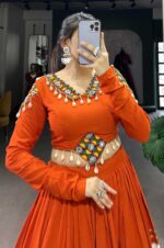 Orange-&amp;-White-Pure-Rayon-Gamthi-Patch-Work-Lehenga-3