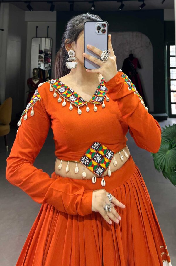 Orange & White Pure Rayon Gamthi Patch Work Lehenga – 6 Meter Flair with Kodi Lace Blouse