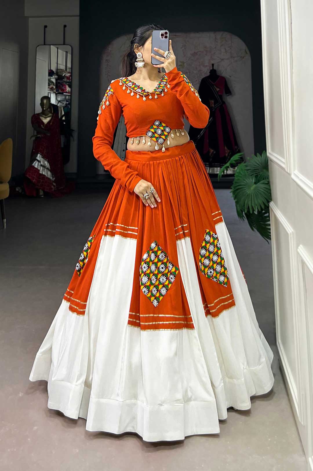 Orange & White Pure Rayon Gamthi Patch Work Lehenga – 6 Meter Flair with Kodi Lace Blouse