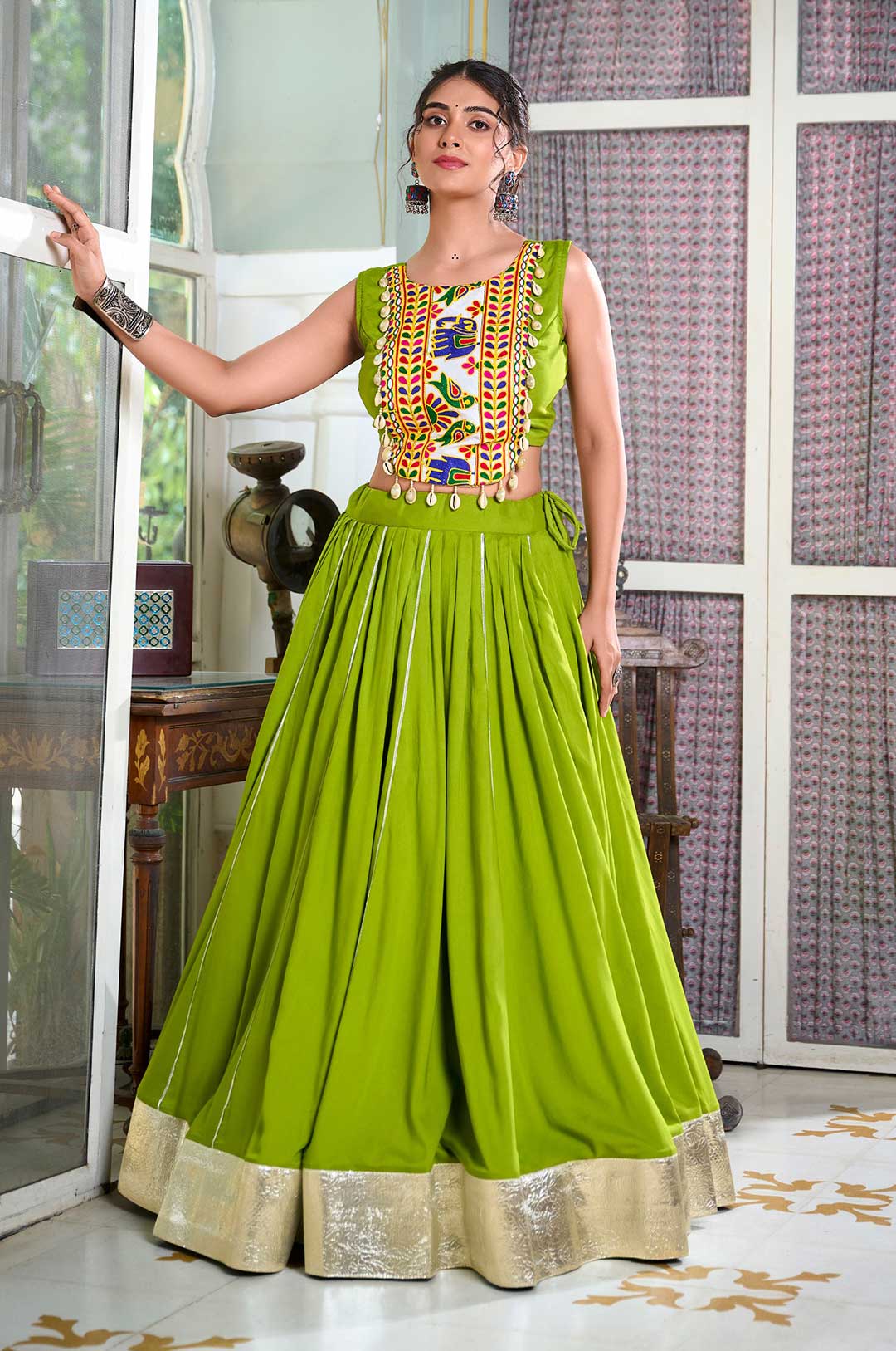 Perot Rayon Gamthi Work Lehenga with Cowrie Lace Blouse – 6M Flair