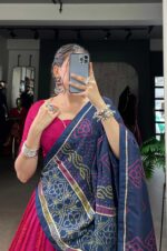 Pink-&amp;-Navy-Tasar-Silk-Bandhej-Print-Lehenga-Set
