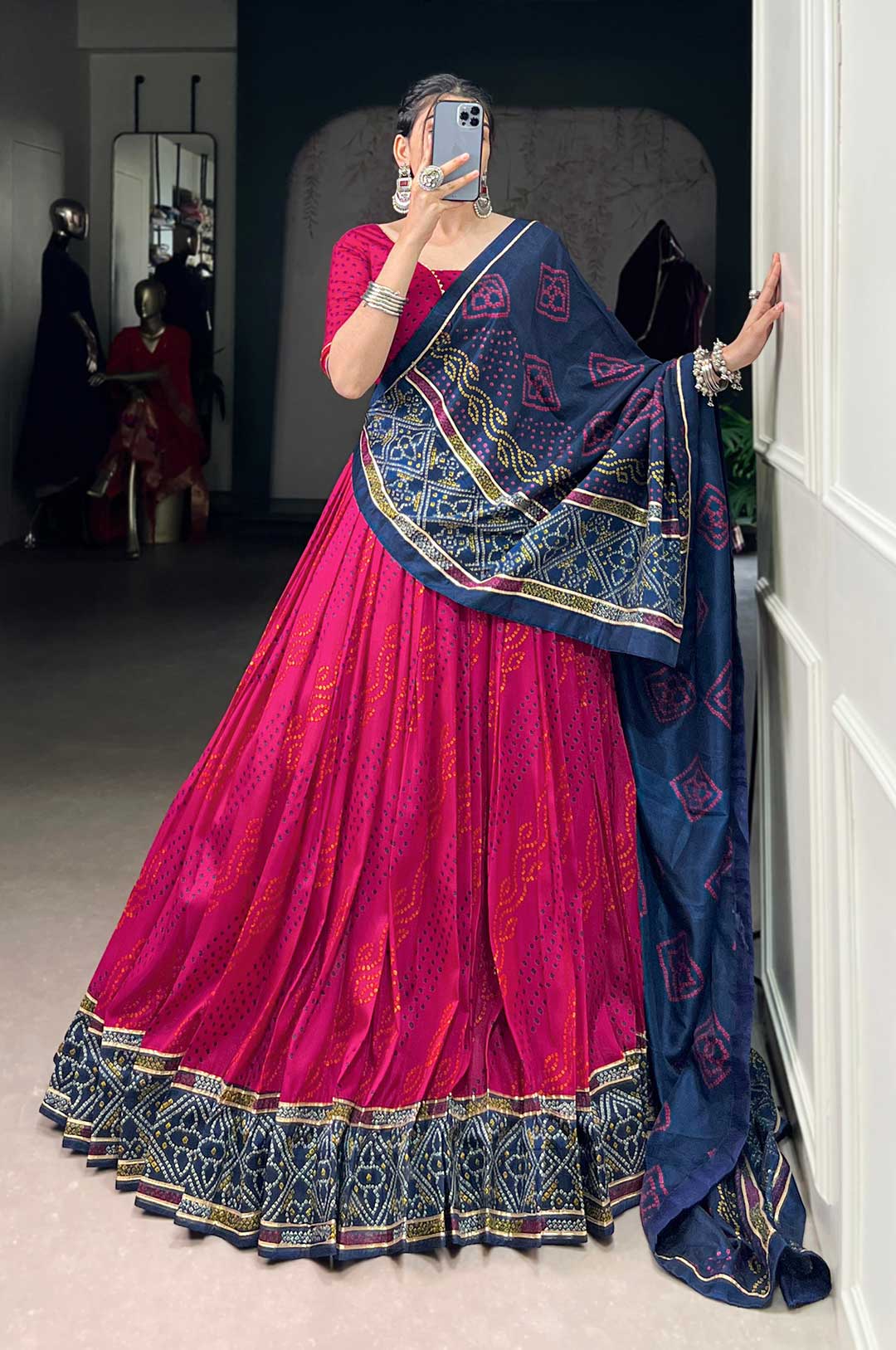 Pink & Navy Tasar Silk Bandhej Print Lehenga Set | Gotta Patti Lace Touch-Up