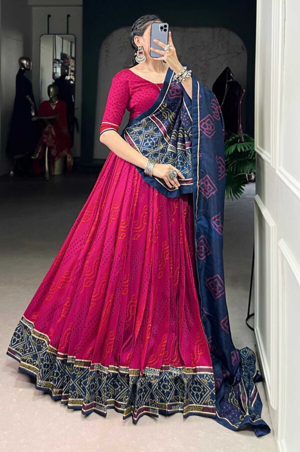 Pink & Navy Tasar Silk Bandhej Print Lehenga Set | Gotta Patti Lace Touch-Up