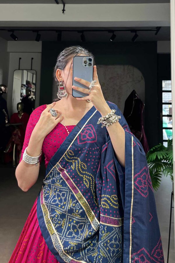 Pink & Navy Tasar Silk Bandhej Print Lehenga Set | Gotta Patti Lace Touch-Up