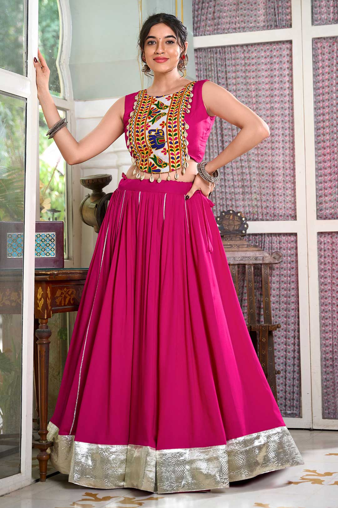 Pink Rayon Gamthi Work Lehenga with Cowrie Lace Blouse