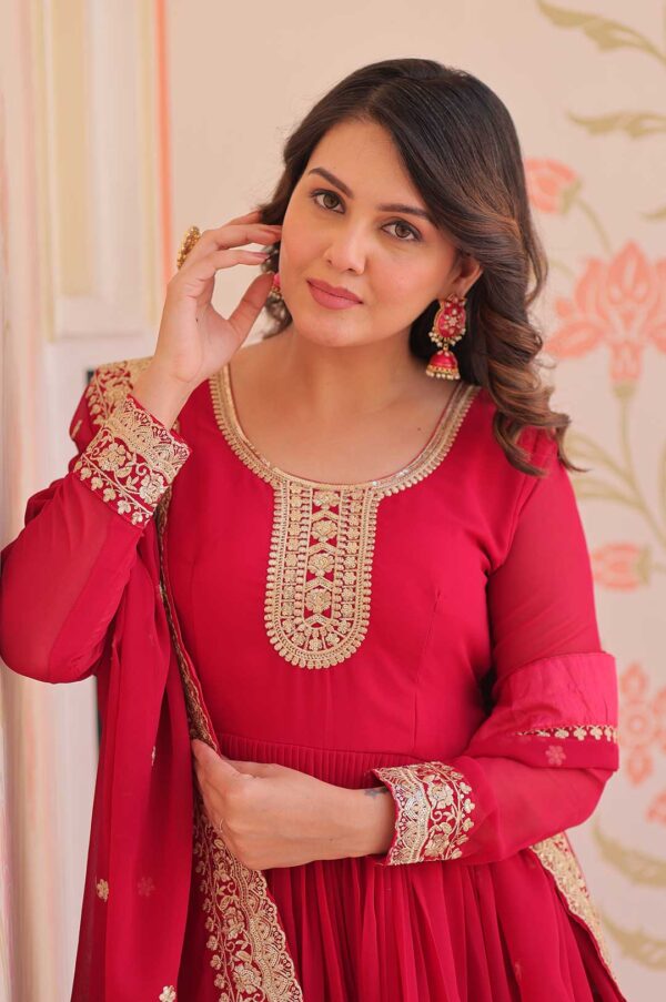 Pink Zari & Sequin Embroidered Gown with Dupatta – Faux Blooming Georgette