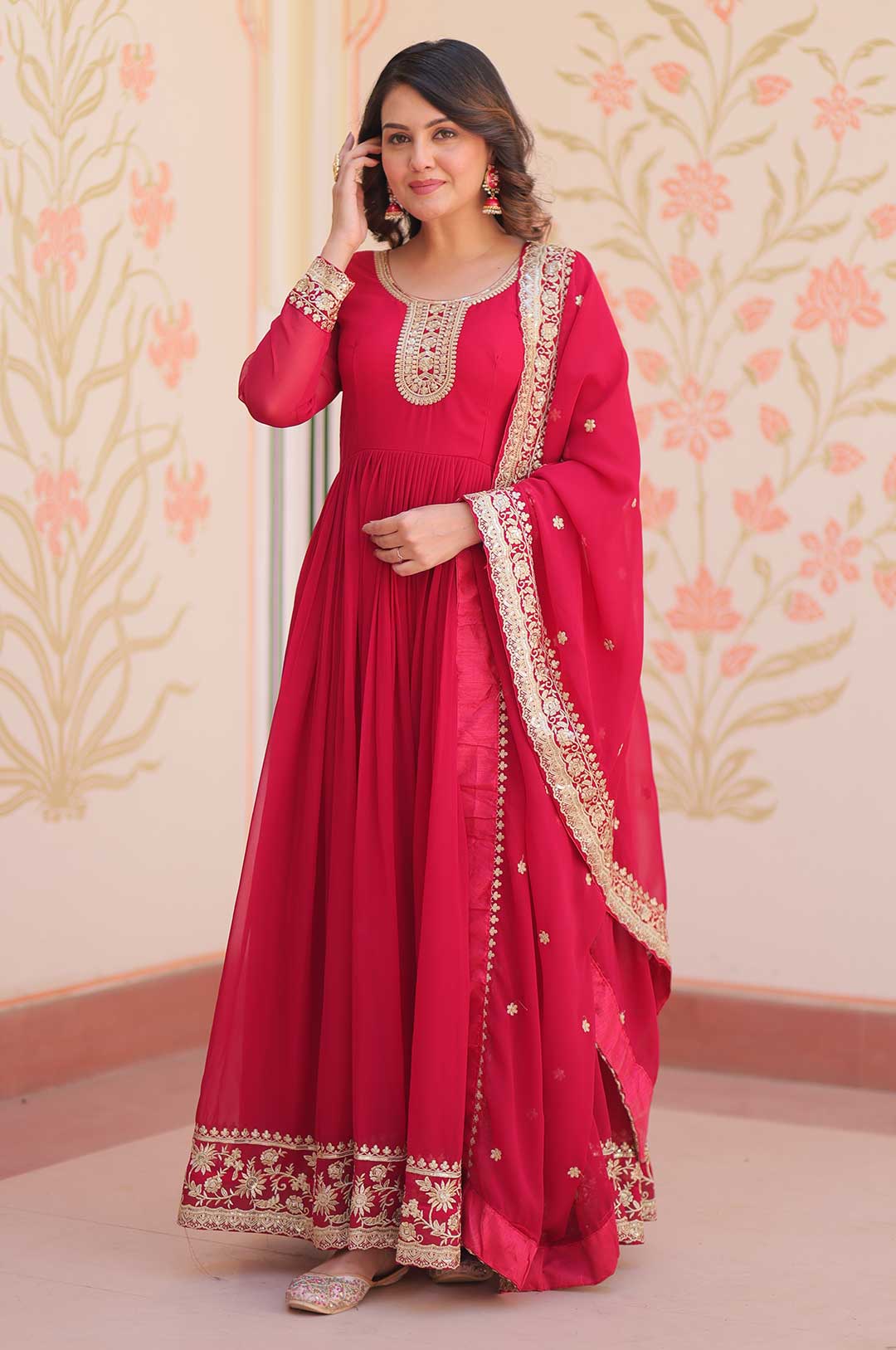 Pink Zari & Sequin Embroidered Gown with Dupatta – Faux Blooming Georgette