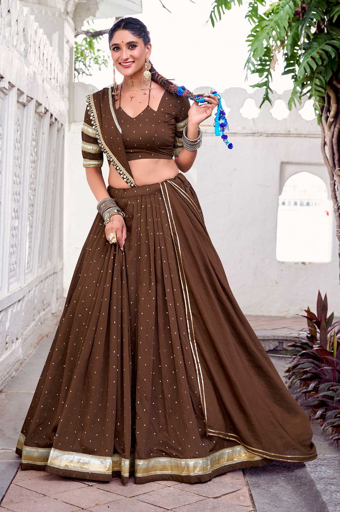 Pure Chanderi Lehenga Set – Brown | Zari Weaving & Embossed Lace Work